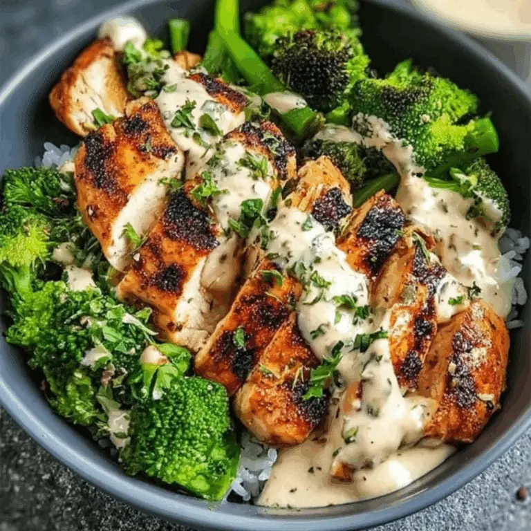 Grilled Chicken & Broccoli Bowls with Creamy Garlic Sauce