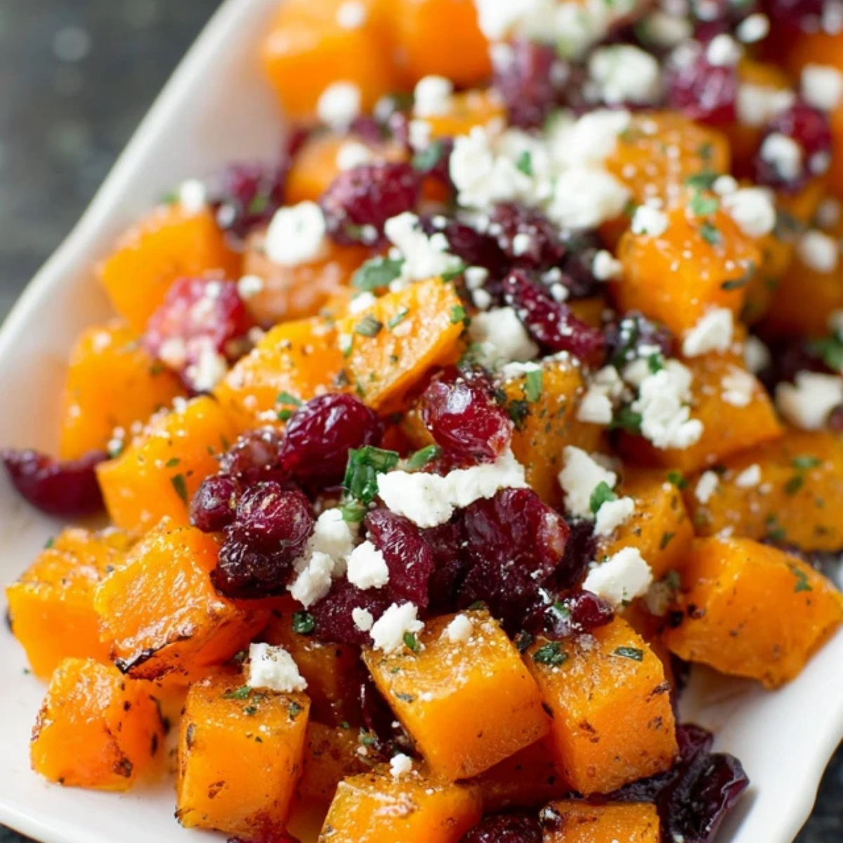 Honey Roasted Butternut Squash with Cranberries and Feta