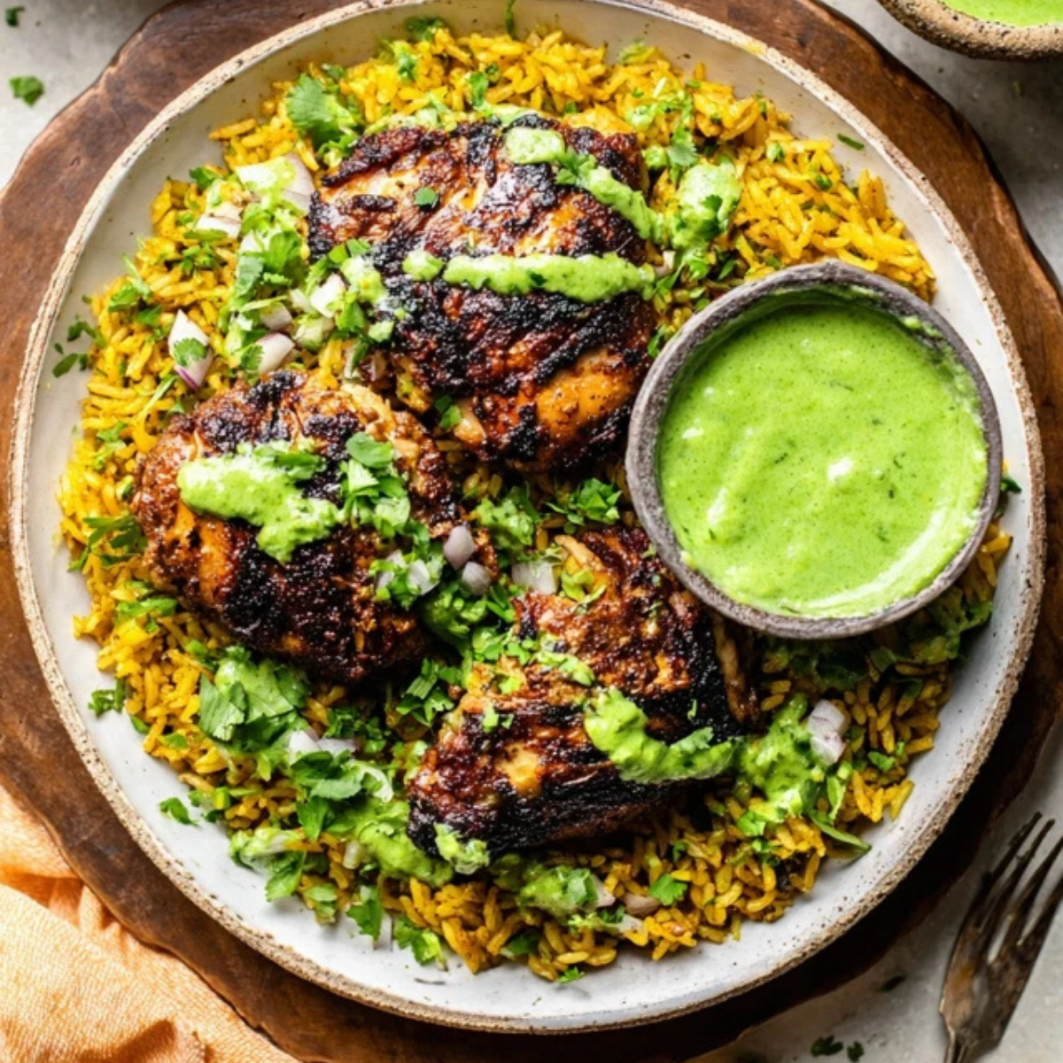 Peruvian Chicken & Rice with Green Sauce