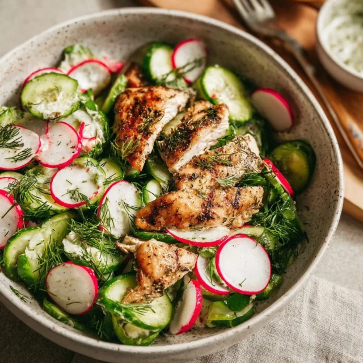 Radish Cucumber Salad with Black Pepper Chicken