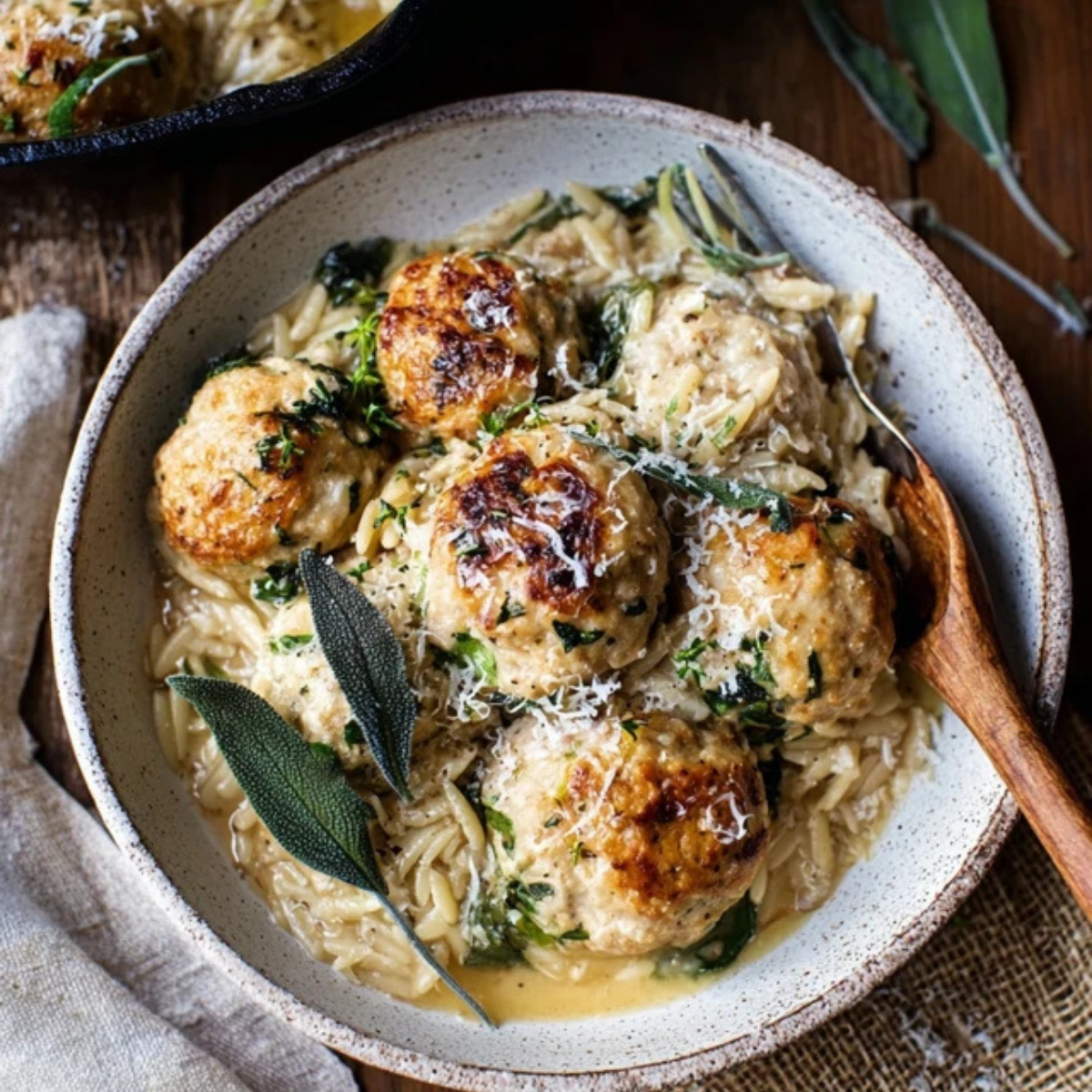 Baked Sage Chicken Meatballs with Parmesan Orzo
