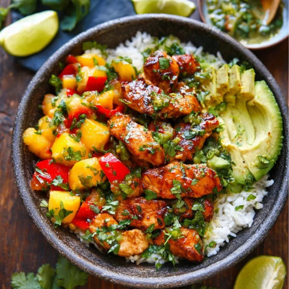 Cilantro Lime Chicken Bowls with Peach Salsa