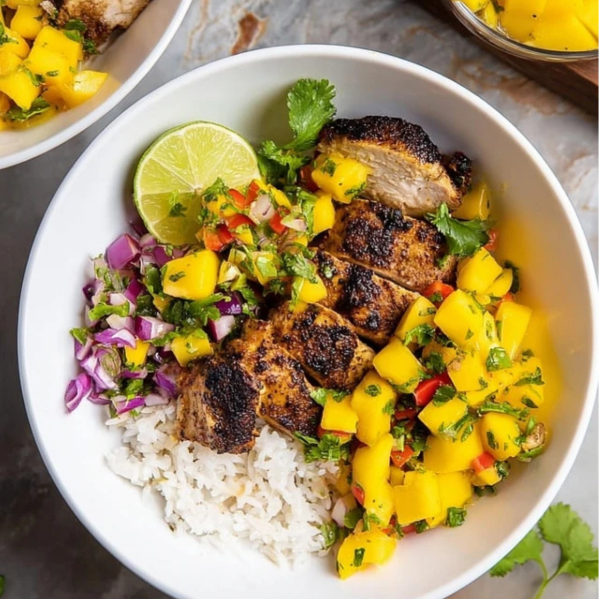 Jerk Chicken Bowls with Mango Salsa and Coconut Rice