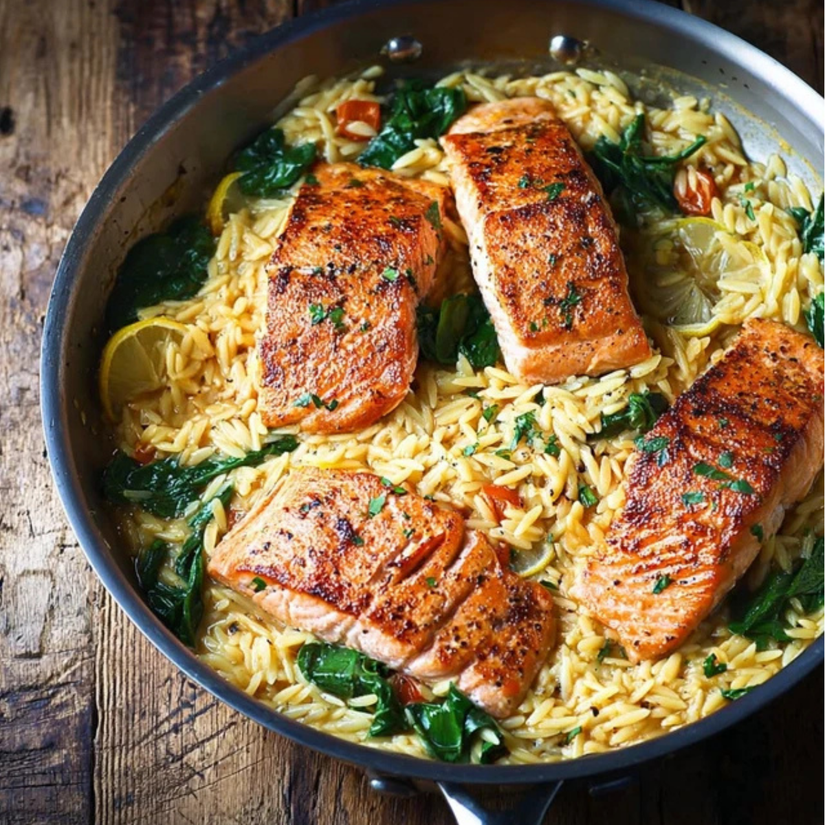 One Skillet Salmon with Lemon Orzo